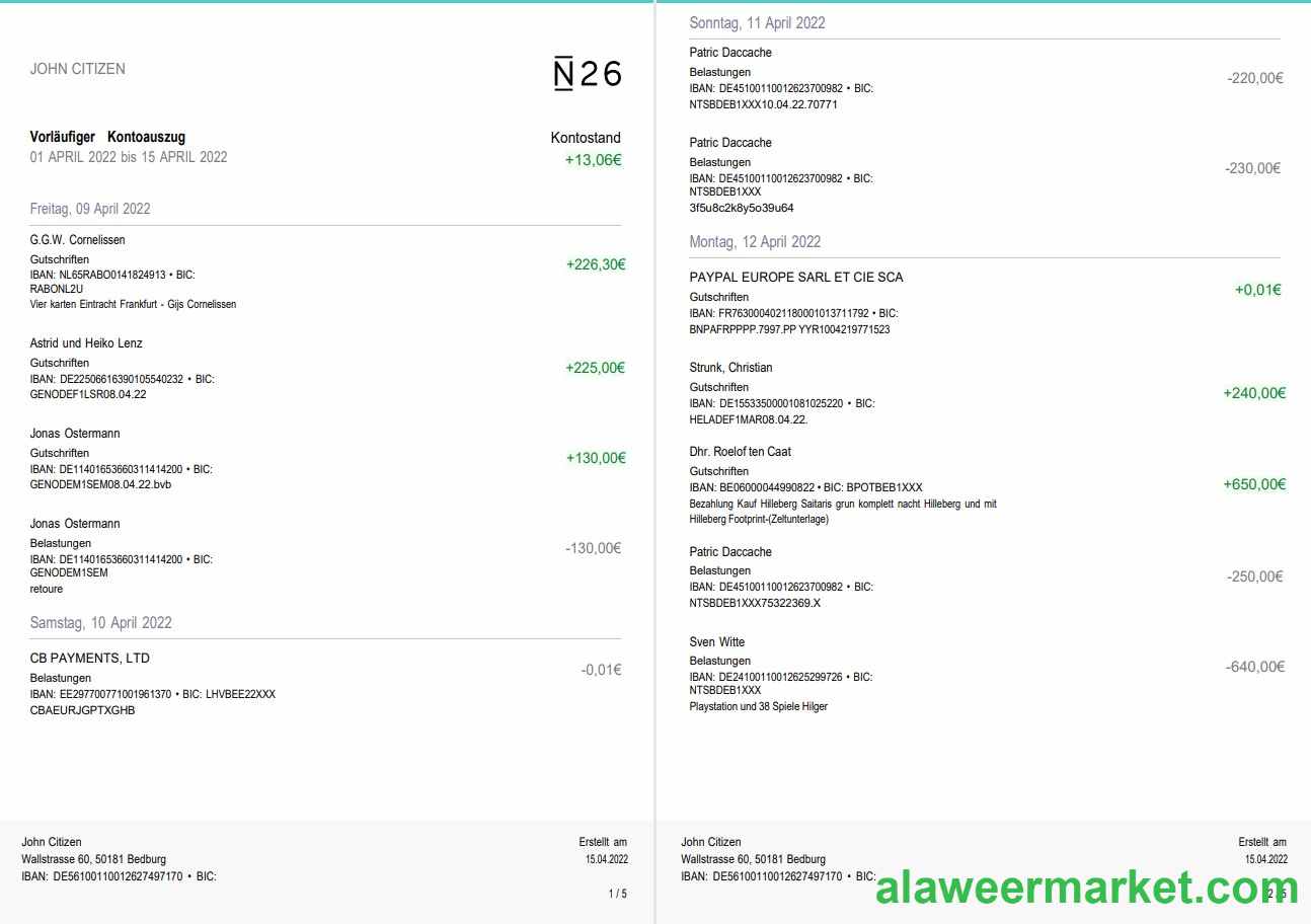 Germany N26 bank statement 5 pages